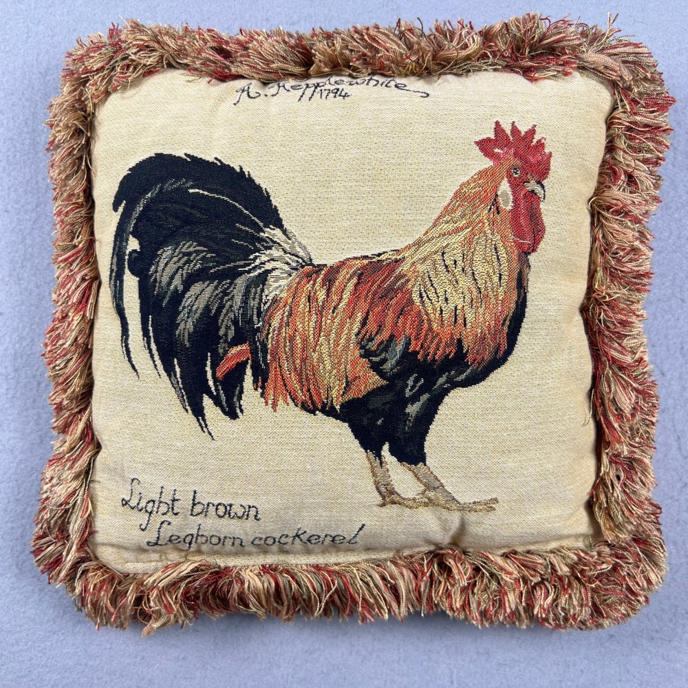 A. Hepplewhite Rooster Tapestry Pillow 12x12 Beige Fringe Farmhouse Decor